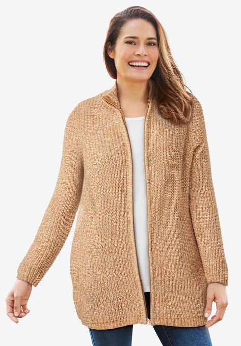 Zip Front Shaker Cardigan, SOFT CAMEL IVORY MARLED, hi-res image number null