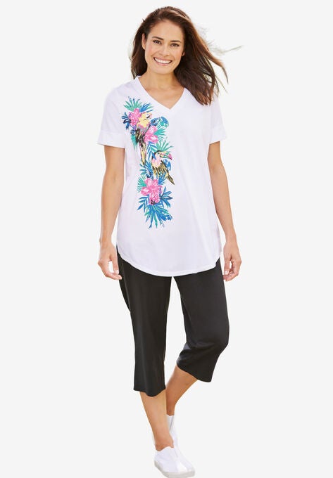 Two-Piece V-Neck Tunic & Capri Set, WHITE MULTI TROPICAL, hi-res image number null