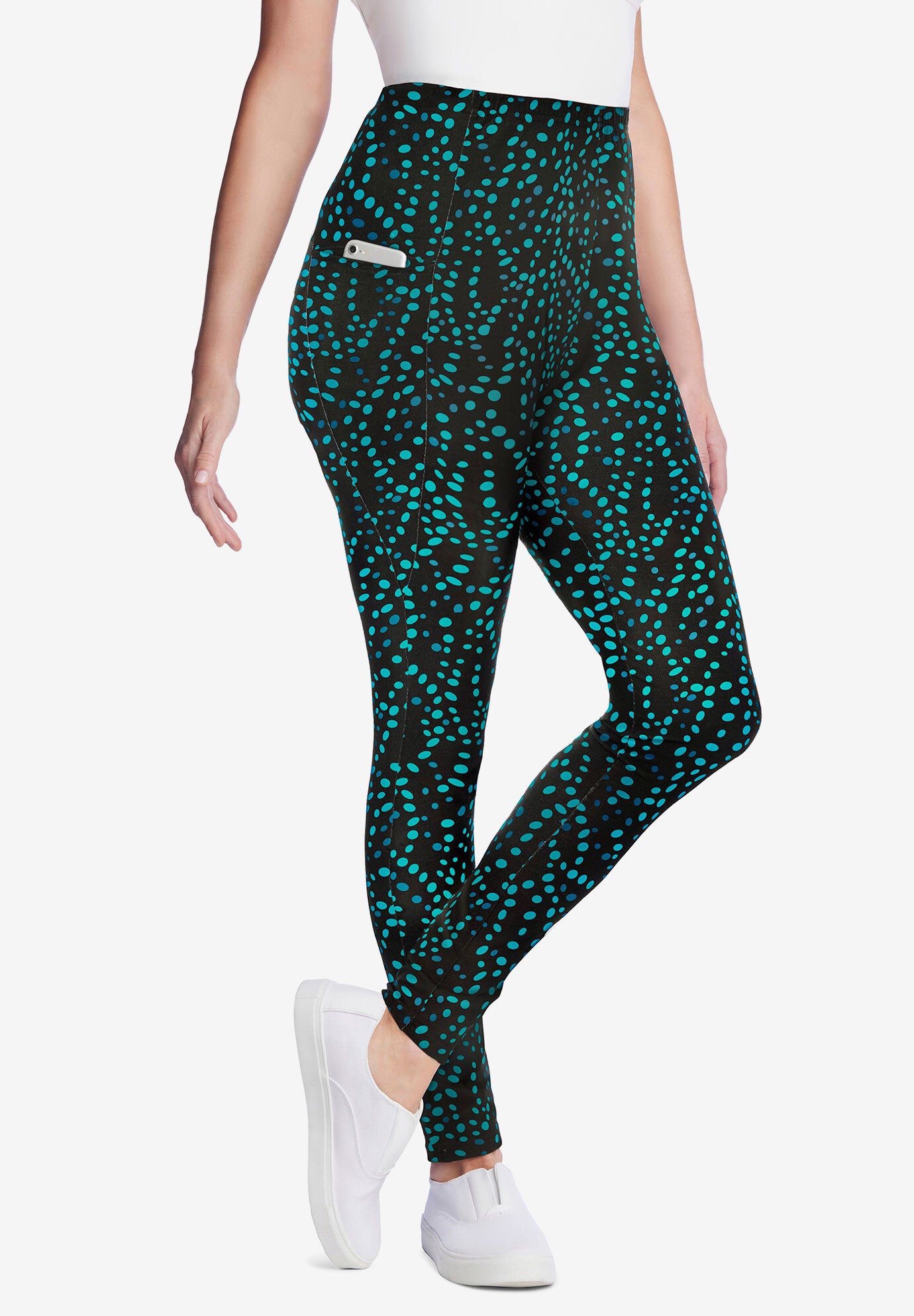 Stretch-Cotton Knit Pull-On Printed Pocket Leggings, WATERFALL DOTS, hi-res image number 0
