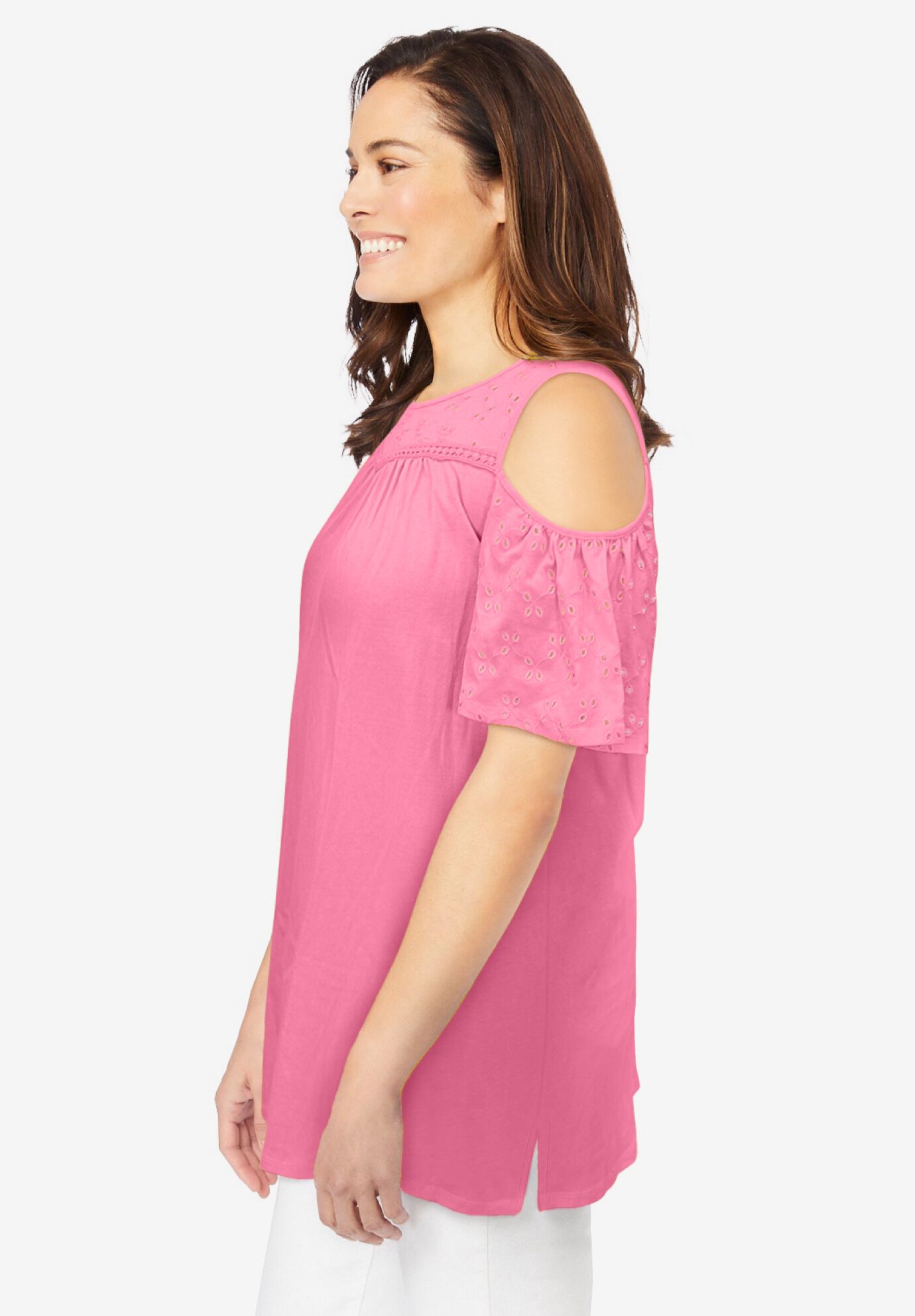 Eyelet Cold-Shoulder Tunic, BRIGHT ROSE, alternate image number 2
