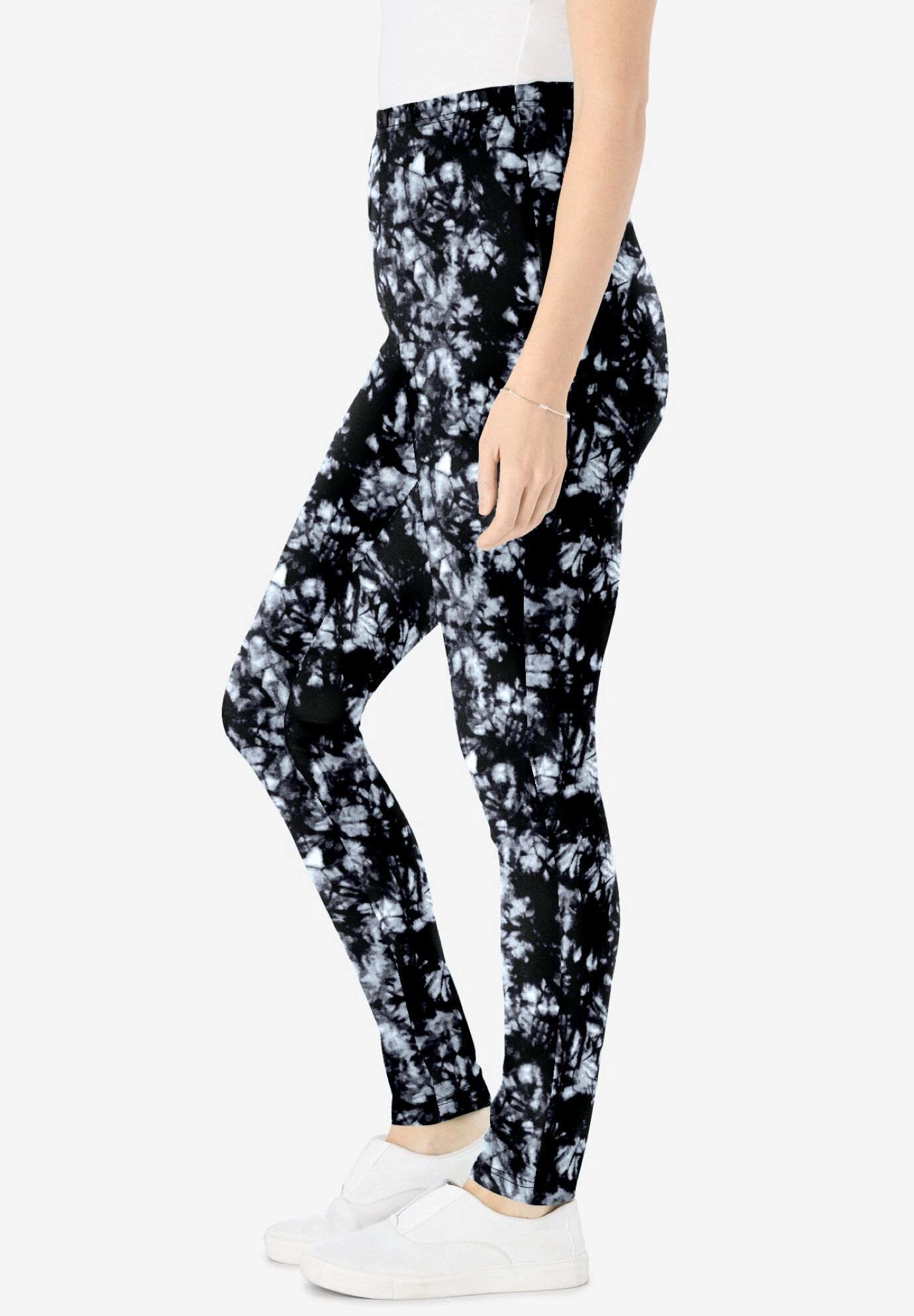 Stretch-Cotton Knit Pull-On Printed Leggings, BLACK WHITE TIE DYE, alternate image number 2