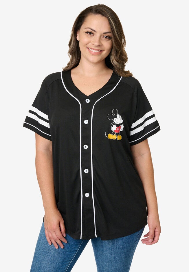 Disney Mickey Mouse Black Baseball Jersey Button Down Shirt, BLACK, hi-res image number 0