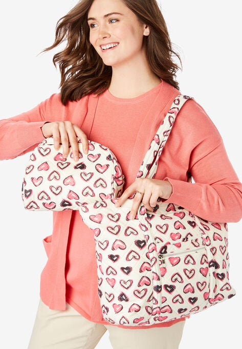 Heart Print Tote and Cosmetic Pouch, TEA ROSE PAINTED HEART, hi-res image number null