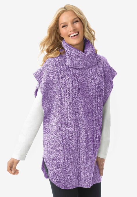 Marled Knit Cowl Neck Poncho, RADIANT PURPLE SOFT IRIS MARLED, hi-res image number null