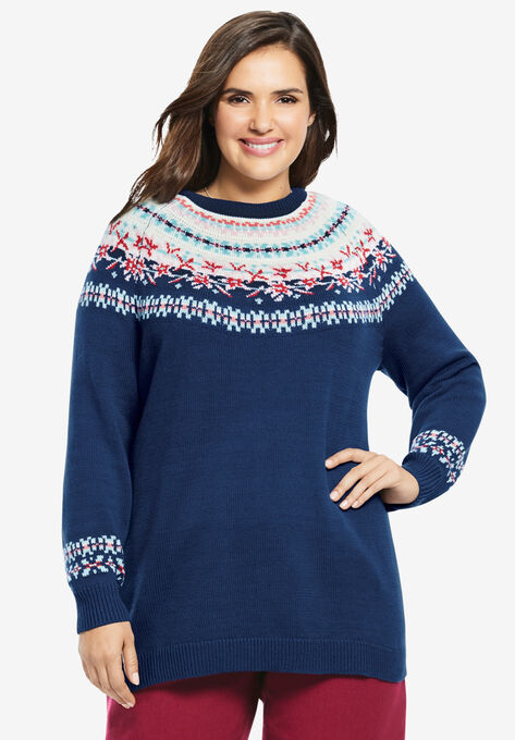Fair Isle Knit Sweater, EVENING BLUE FLOWER FAIR ISLE, hi-res image number null