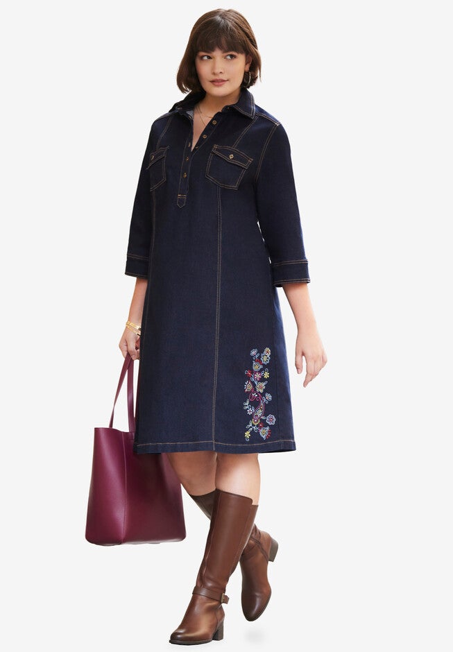 Denim Dress, INDIGO PAISLEY FLOWERS, hi-res image number 0