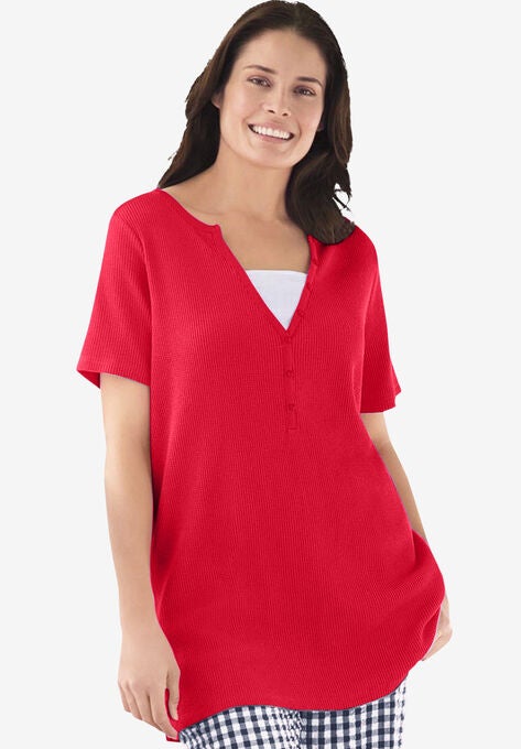 Split-Neck Henley Thermal Tee, VIVID RED, hi-res image number null