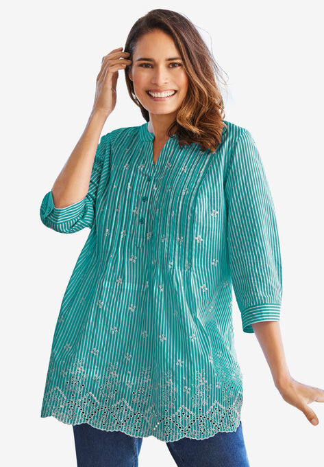 Embroidered Cotton Tunic, WATERFALL STRIPE EYELET EMBROIDERY, hi-res image number null