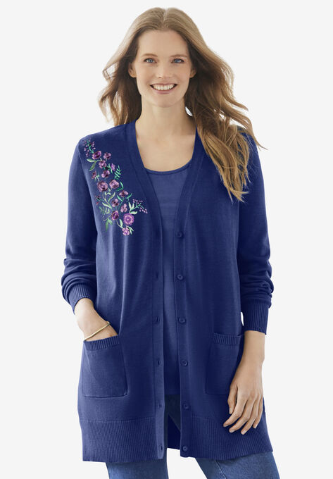 Longer-Length Cotton Cardigan, NAVY FLOWER EMBROIDERY, hi-res image number null