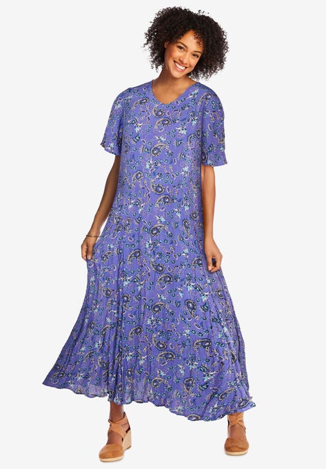 Short-sleeve Crinkle Dress, TULIP PURPLE PAINTERLY FOLK, hi-res image number null