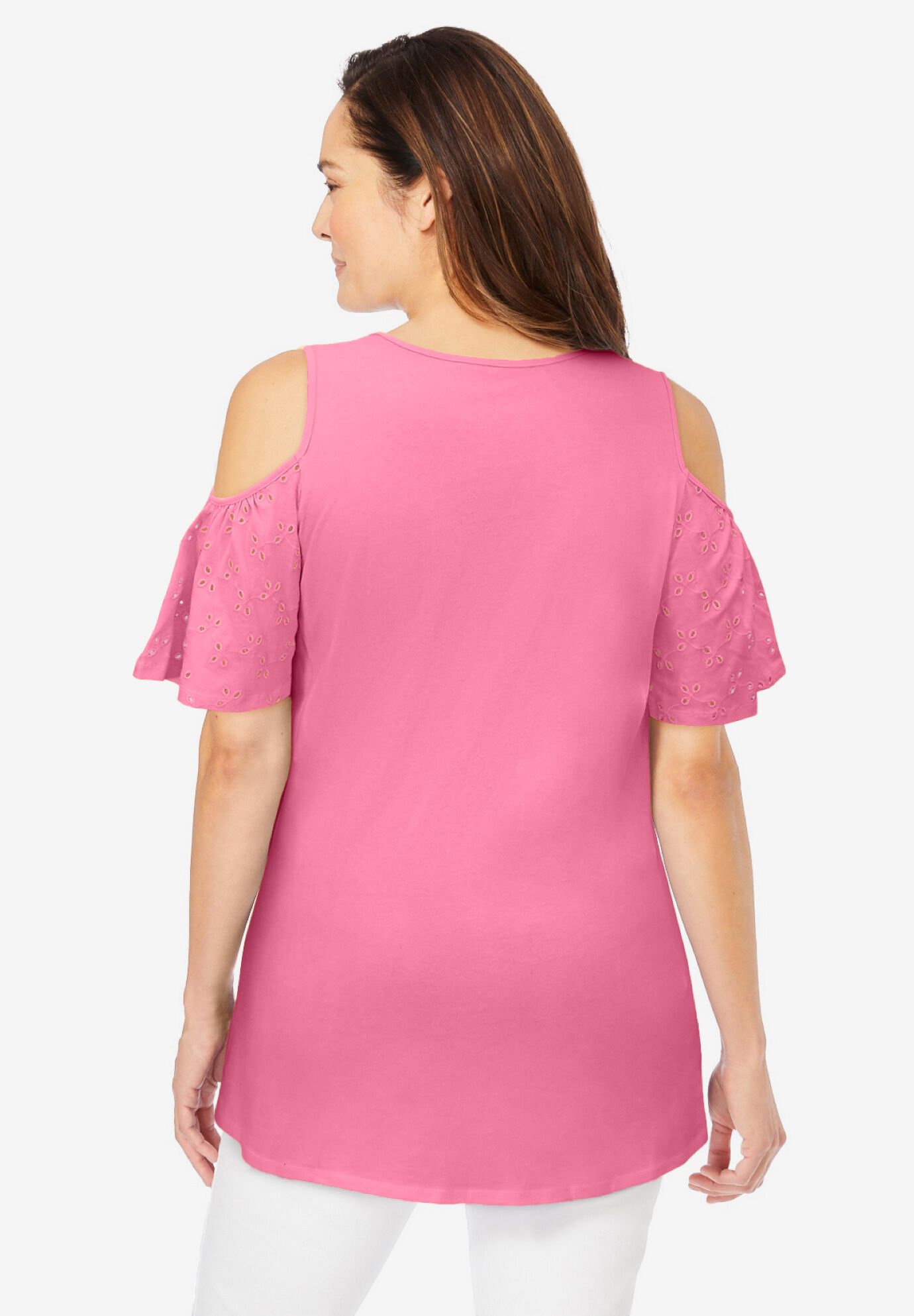 Eyelet Cold-Shoulder Tunic, BRIGHT ROSE, on-hover image number 1