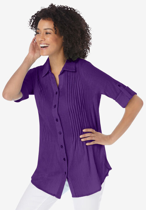 Pintucked Button Down Gauze Shirt, RADIANT PURPLE, hi-res image number null