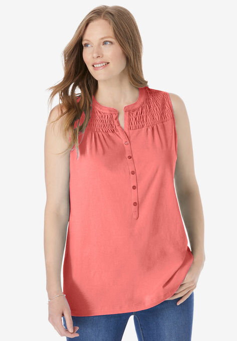 Smocked Henley Tank Top, SWEET CORAL, hi-res image number null