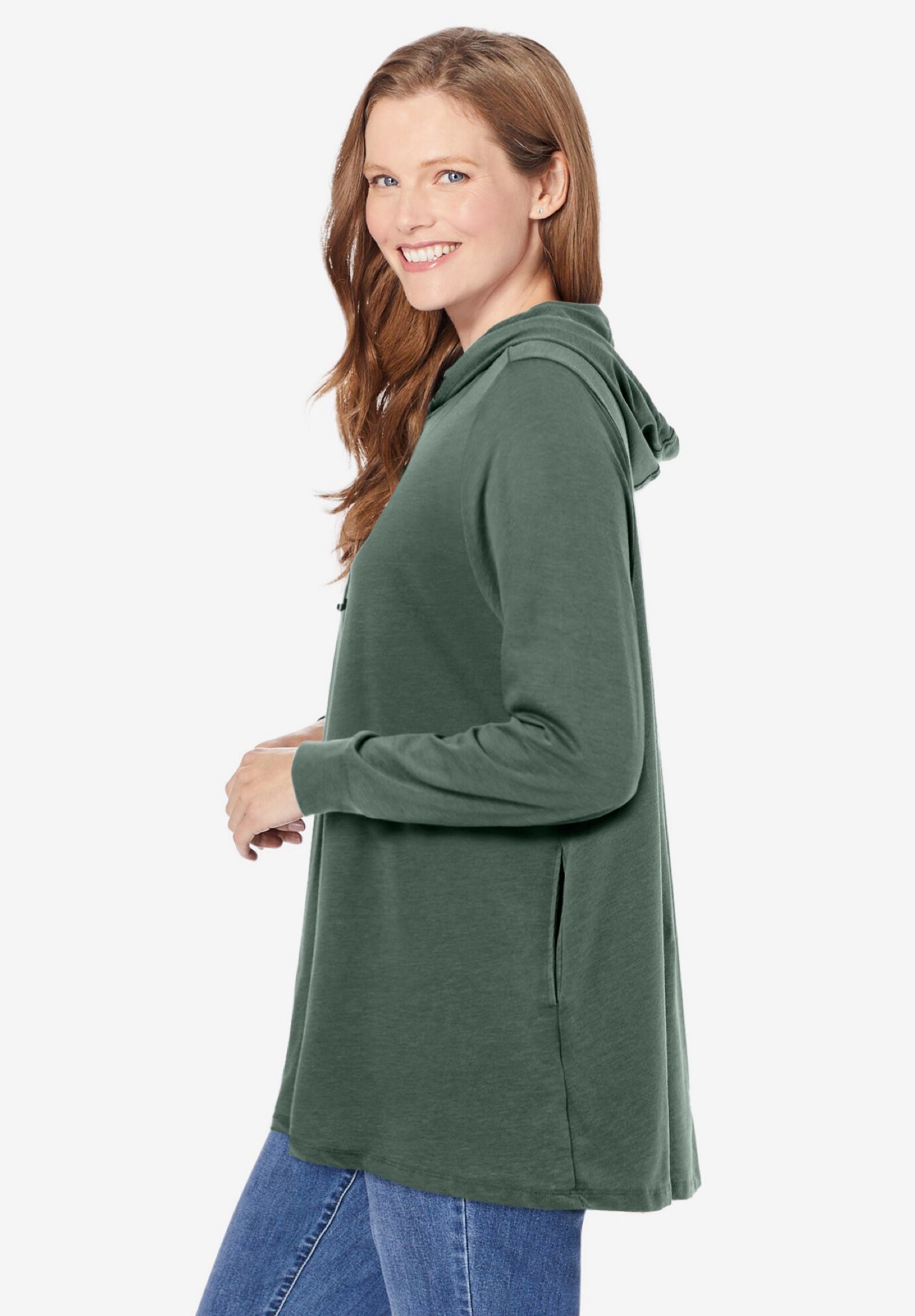 Pleat-Back Swing Hoodie Sweatshirt, PINE, alternate image number 2