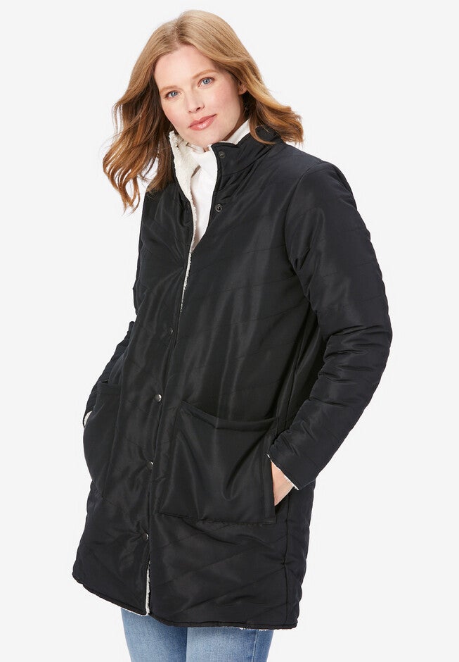 Reversible Puffer and Fleece Coat, BLACK, hi-res image number null