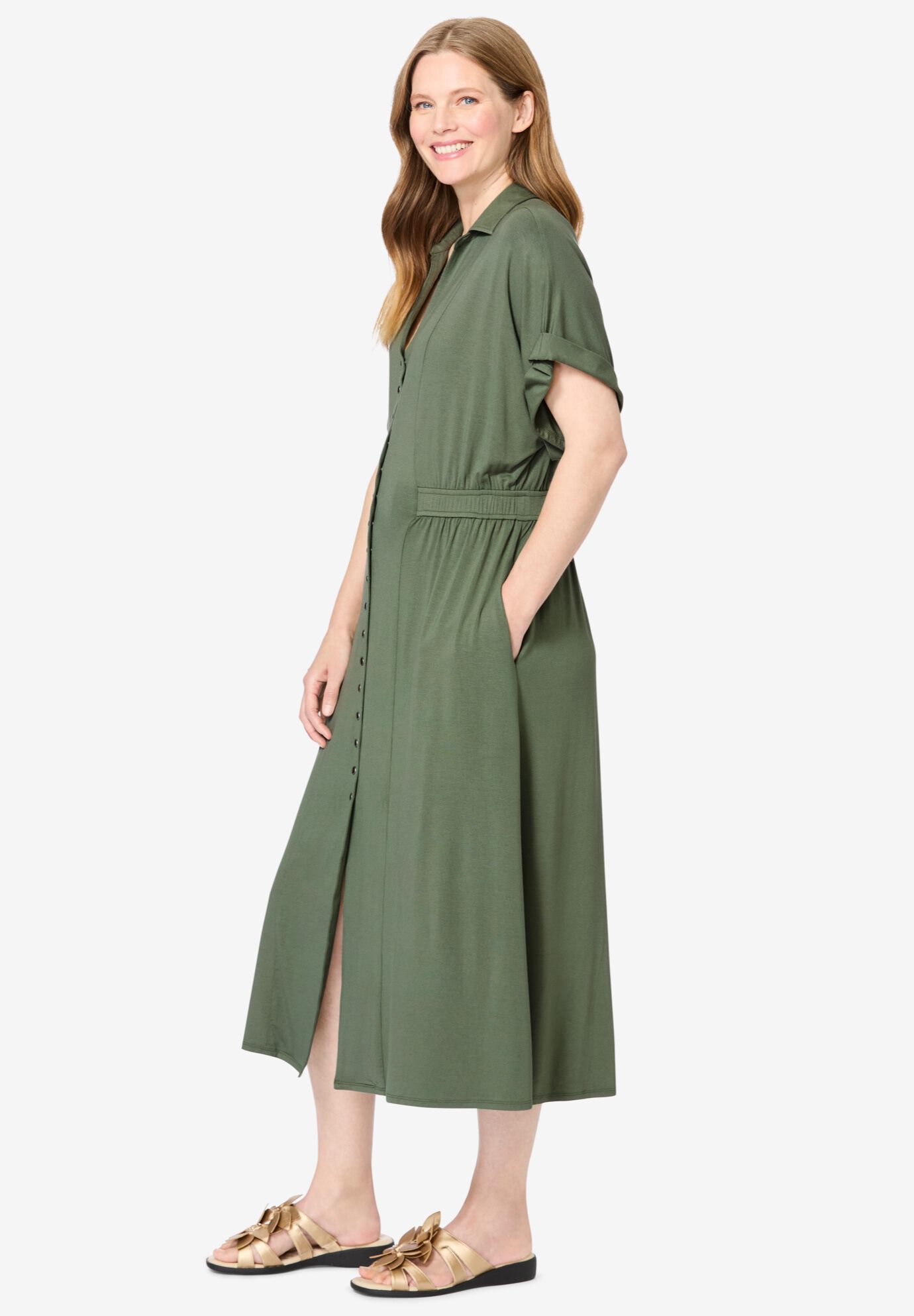 Snap-Front Dress, OLIVE GREEN, alternate image number 2