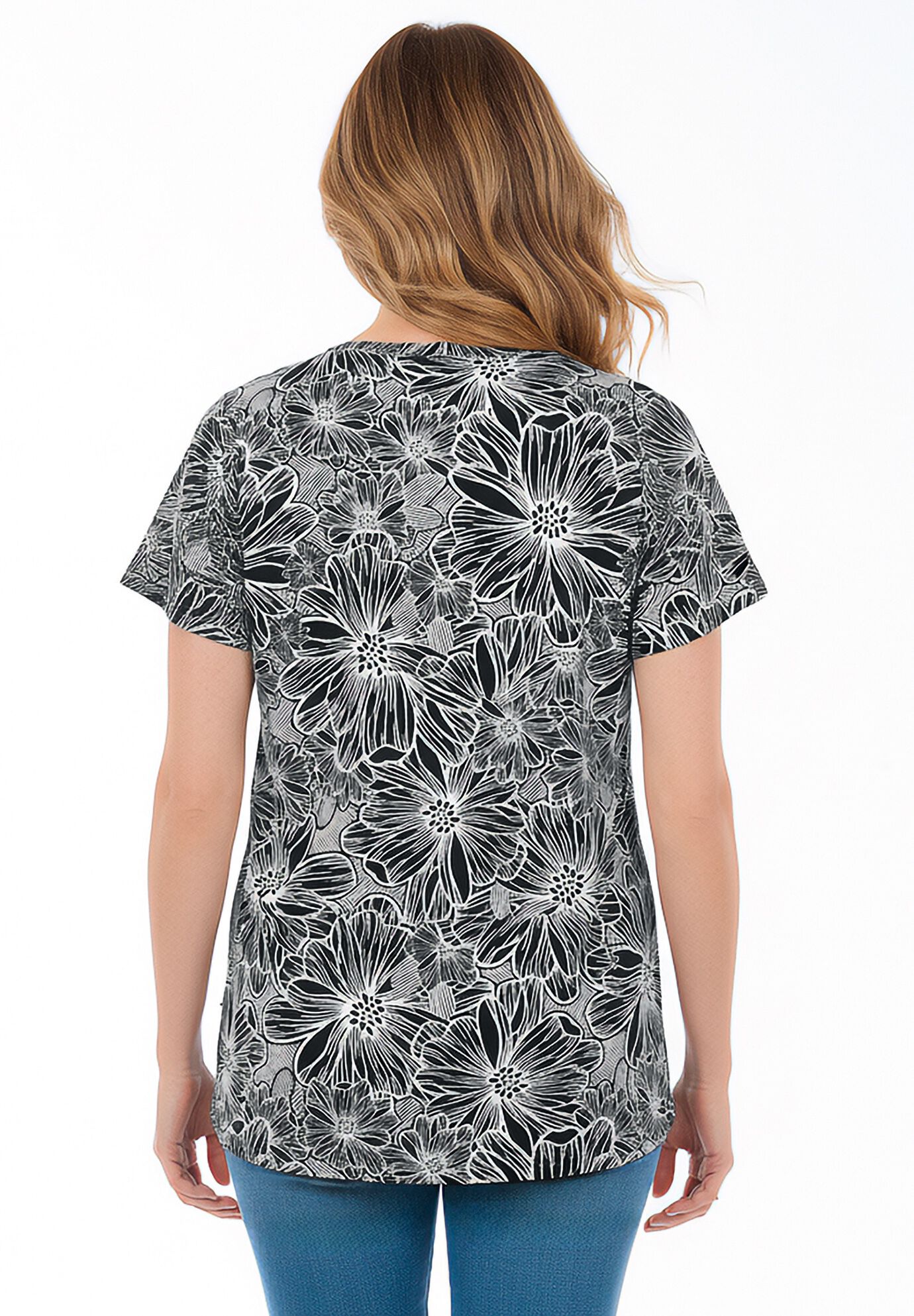 Perfect Printed Short-Sleeve V-Neck Tunic, BLACK SKETCH FLORAL, alternate image number 2