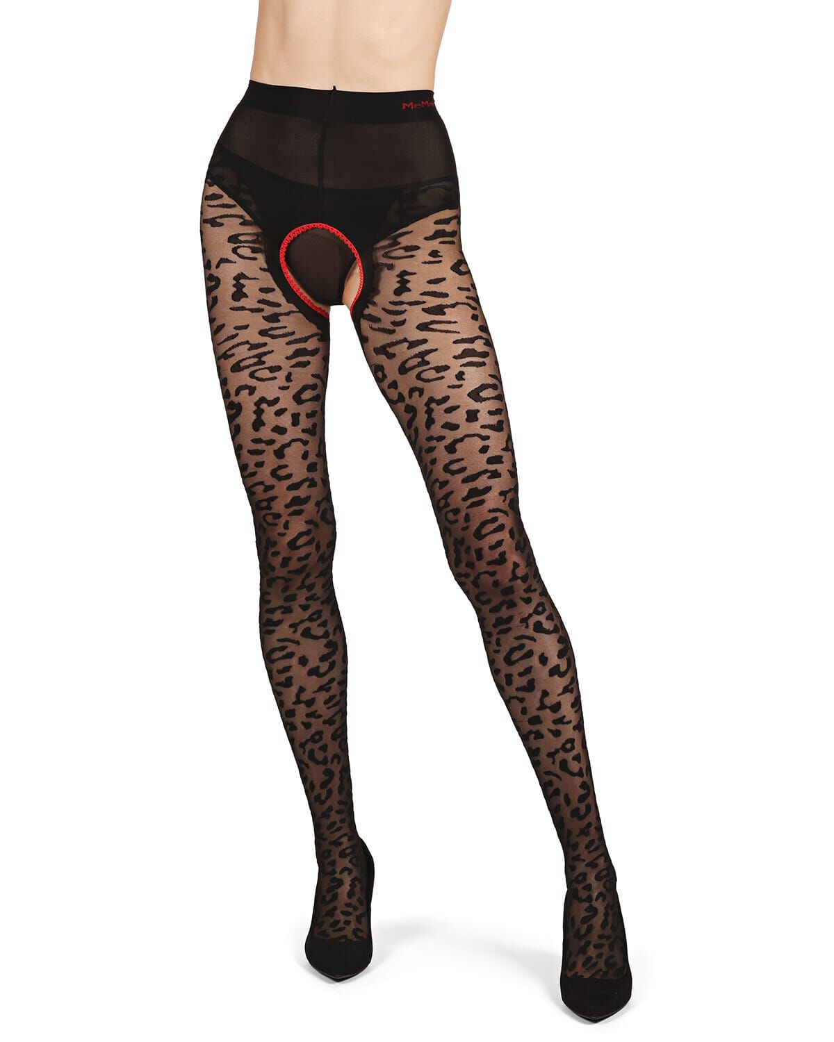 Women's Born To Be Wild Leopard Crotchless Sheer Pantyhose, BLACK RED, alternate image number 1