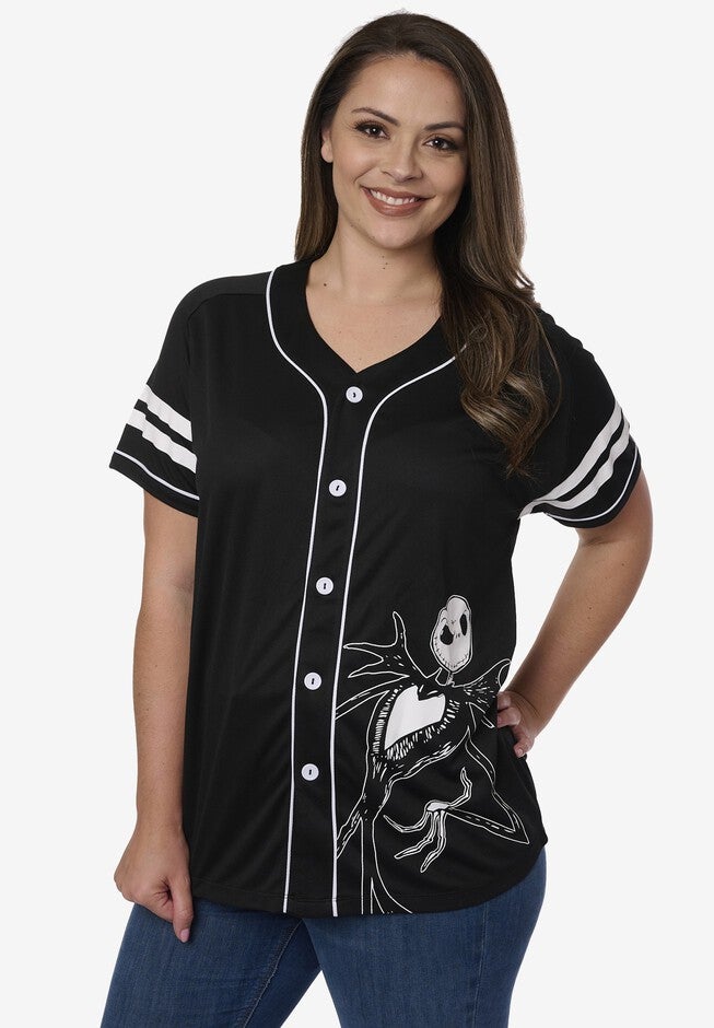 Jack Skellington Black Baseball Jersey Button Down Shirt, , alternate image number 2