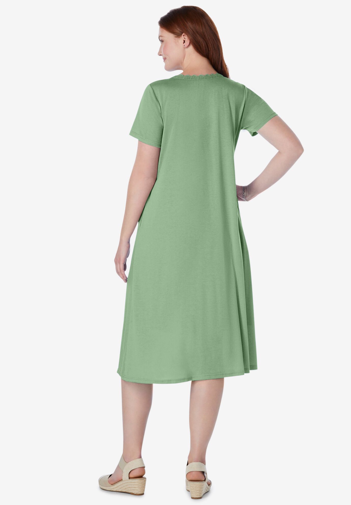 Embroidered Lace Bib Knit Dress, SAGE, on-hover image number 1