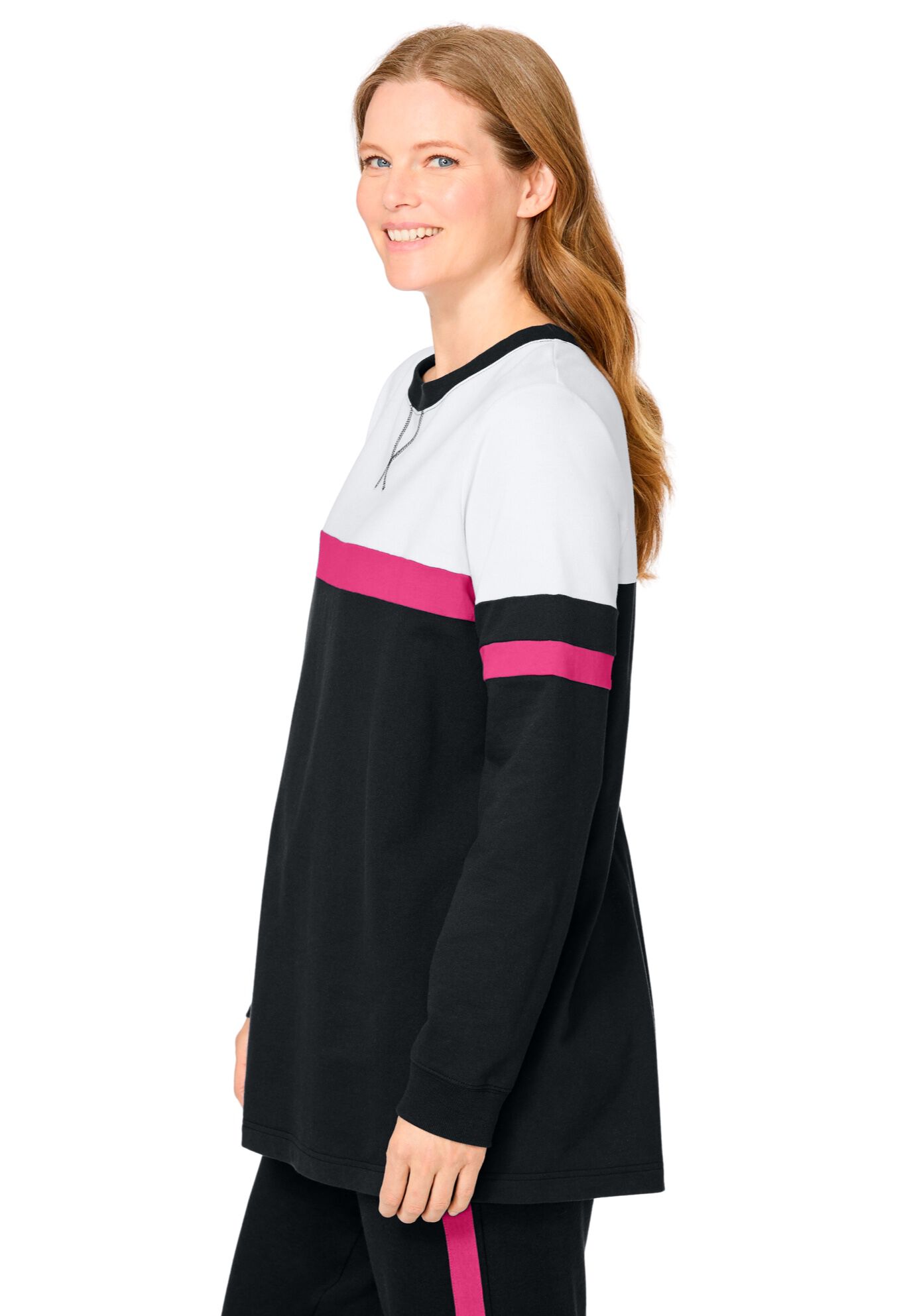 Color Block Long Sleeve Sweatshirt, BLACK RASPBERRY SORBET WHITE, alternate image number 2