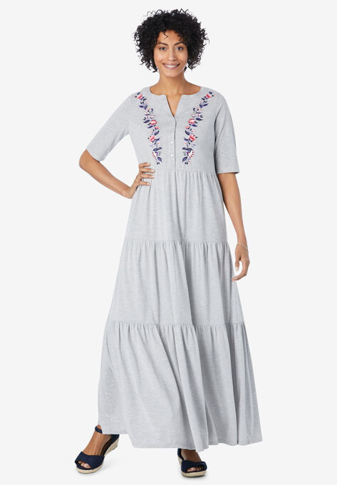 Elbow-Sleeve Tiered Henley Dress, HEATHER GREY EMBROIDERY, hi-res image number null