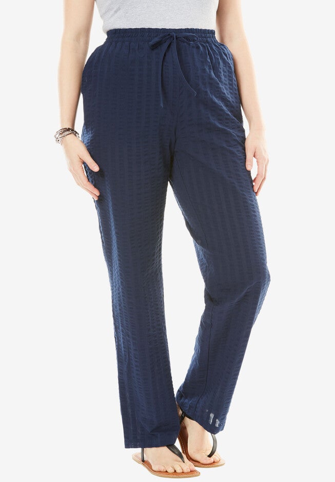 Seersucker Pull-on Elastic-Waist Pants, NAVY, hi-res image number 0