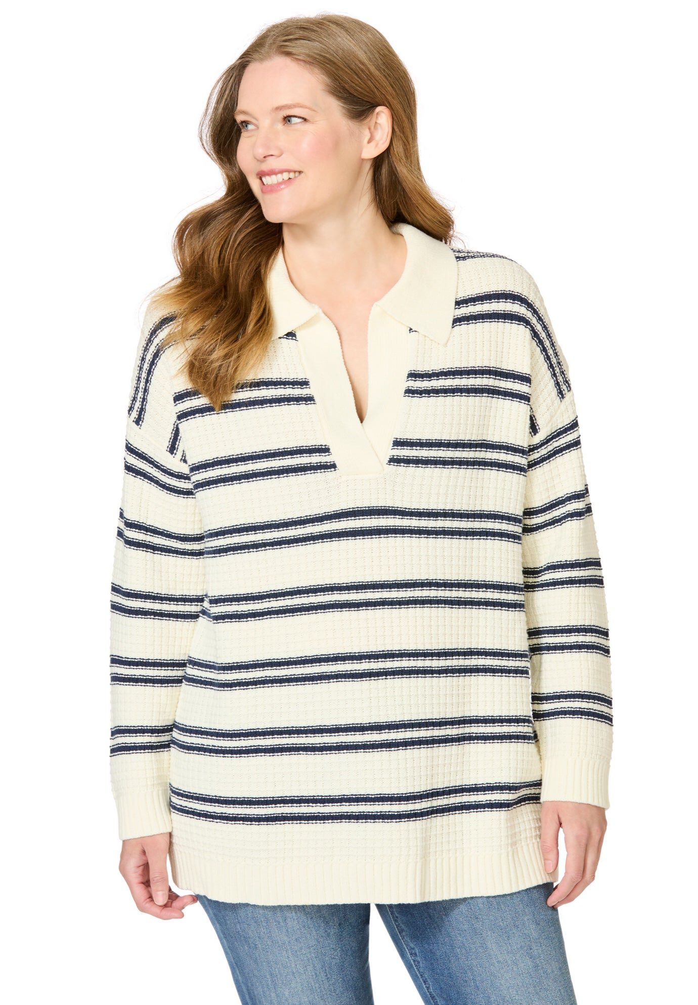 Waffle Polo Sweater, IVORY NAVY STRIPE, hi-res image number 0