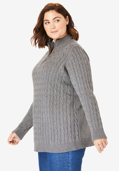 Cable Knit Half-Zip Pullover Sweater, , alternate image number null