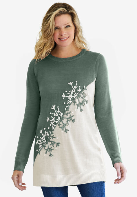 Snowflake Jacquard Pullover Sweater, PINE SNOWFLAKE EMBROIDERY, hi-res image number null