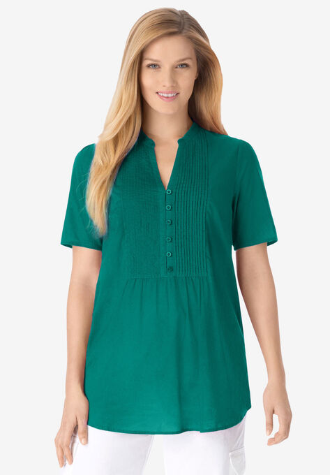 Pintucked Half-Button Tunic, WATERFALL, hi-res image number null