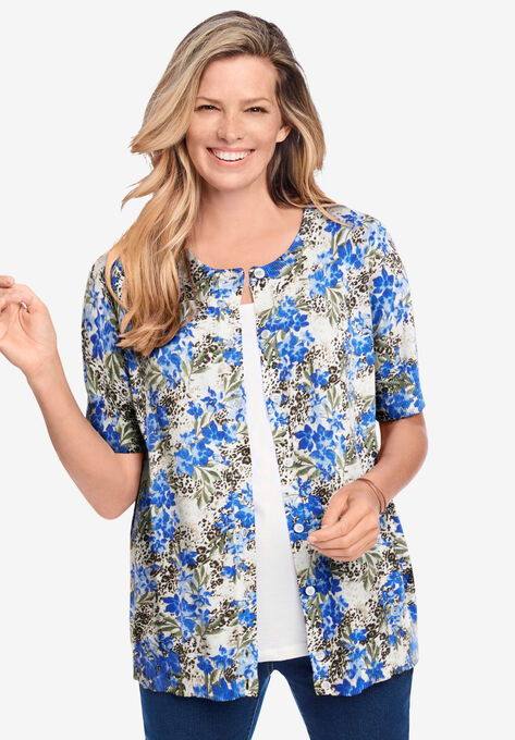 Perfect Elbow-Length Sleeve Cardigan, FRENCH BLUE FLORAL ANIMAL, hi-res image number null