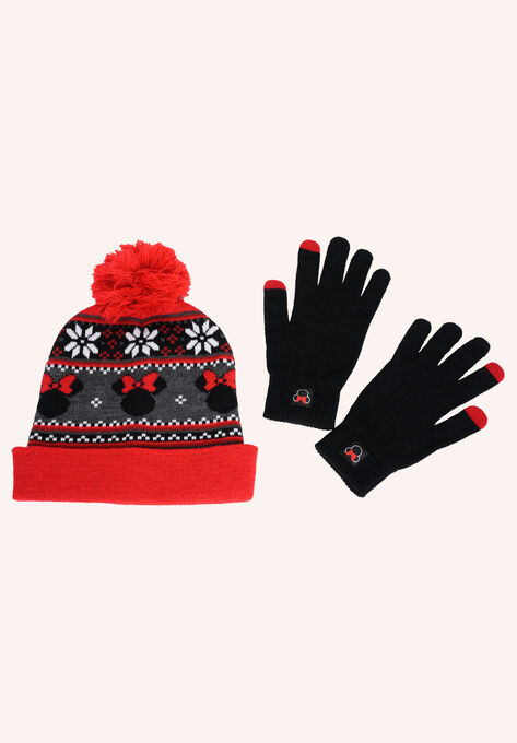 Disney Adult Minnie Mouse Knit Beanie Hat & Texting Gloves Red Gray 2-Pc Set, , on-hover image number null