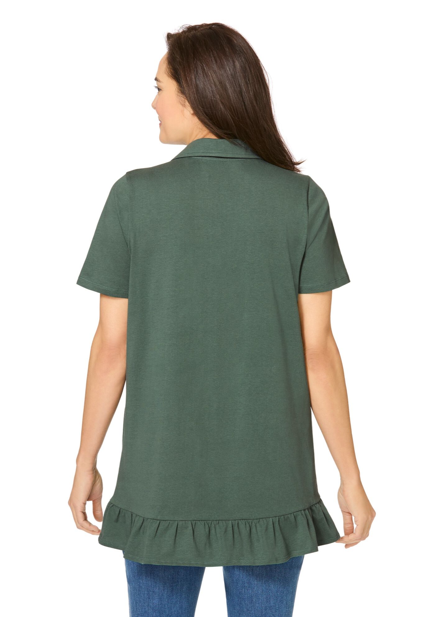 Short Sleeve Ruffle Hem Polo Tunic, PINE, on-hover image number 1