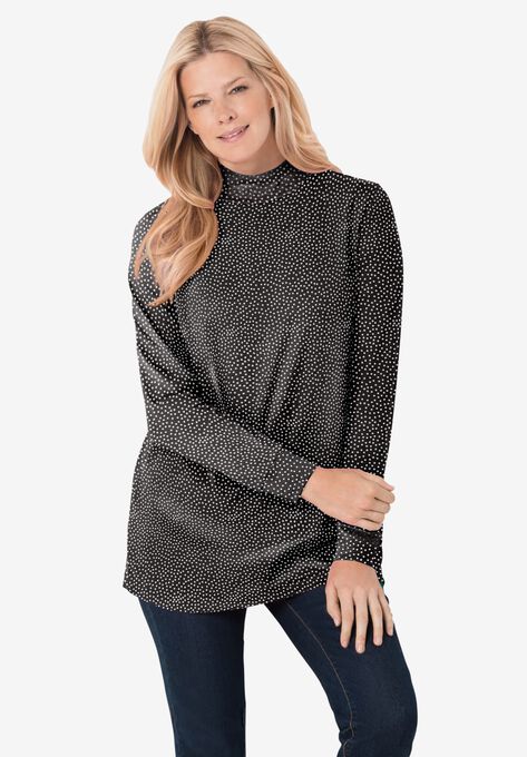 Perfect Printed Long-Sleeve Mock-Neck Tee, BLACK OFFSET DOT, hi-res image number null