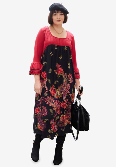 Ruffle Sleeve Dress, BLACK PAISLEY BORDER, hi-res image number null