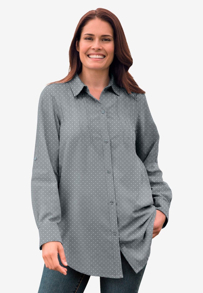 Pintucked Corduroy Button Down Shirt, GUNMETAL DOT, hi-res image number 0