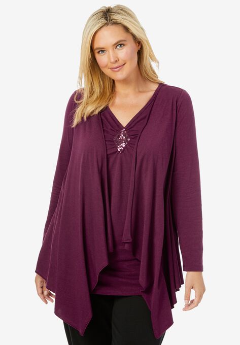 Layered look long top with sequined inset, DEEP CLARET, hi-res image number null