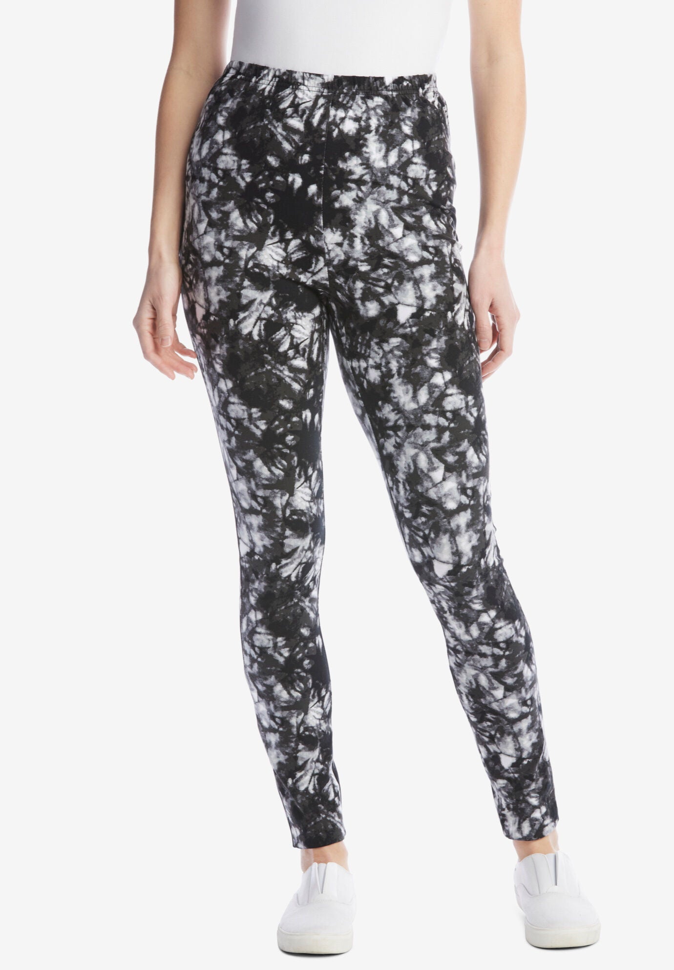 Stretch-Cotton Knit Pull-On Printed Leggings, BLACK WHITE TIE DYE, hi-res image number 0