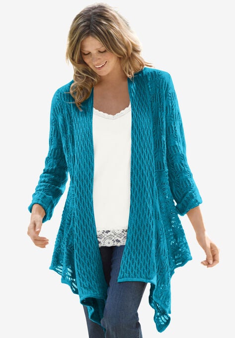 Open Front Pointelle Cardigan, TURQ BLUE, hi-res image number null