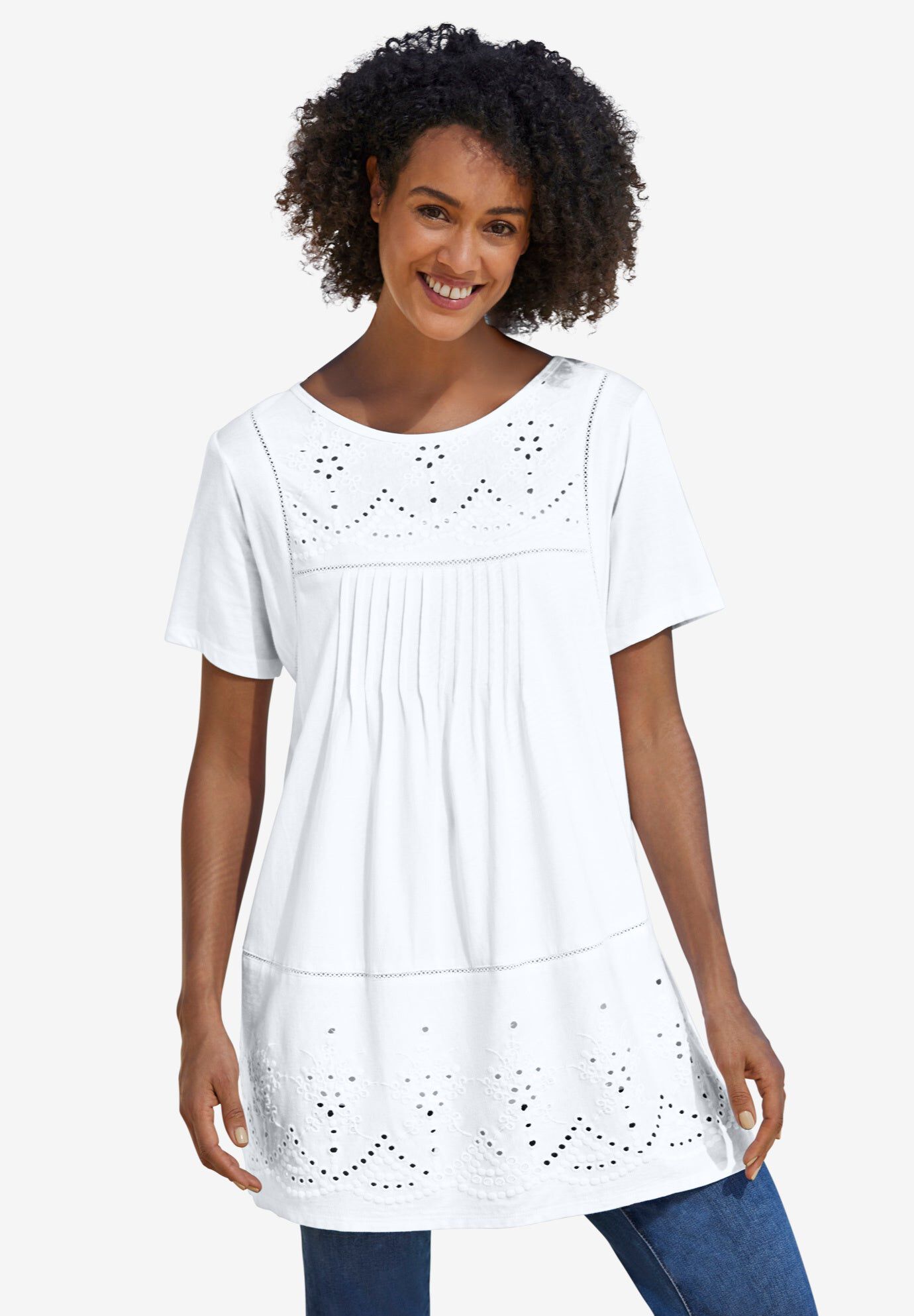 Embroidered Eyelet Pintucked Tunic, WHITE, hi-res image number 0