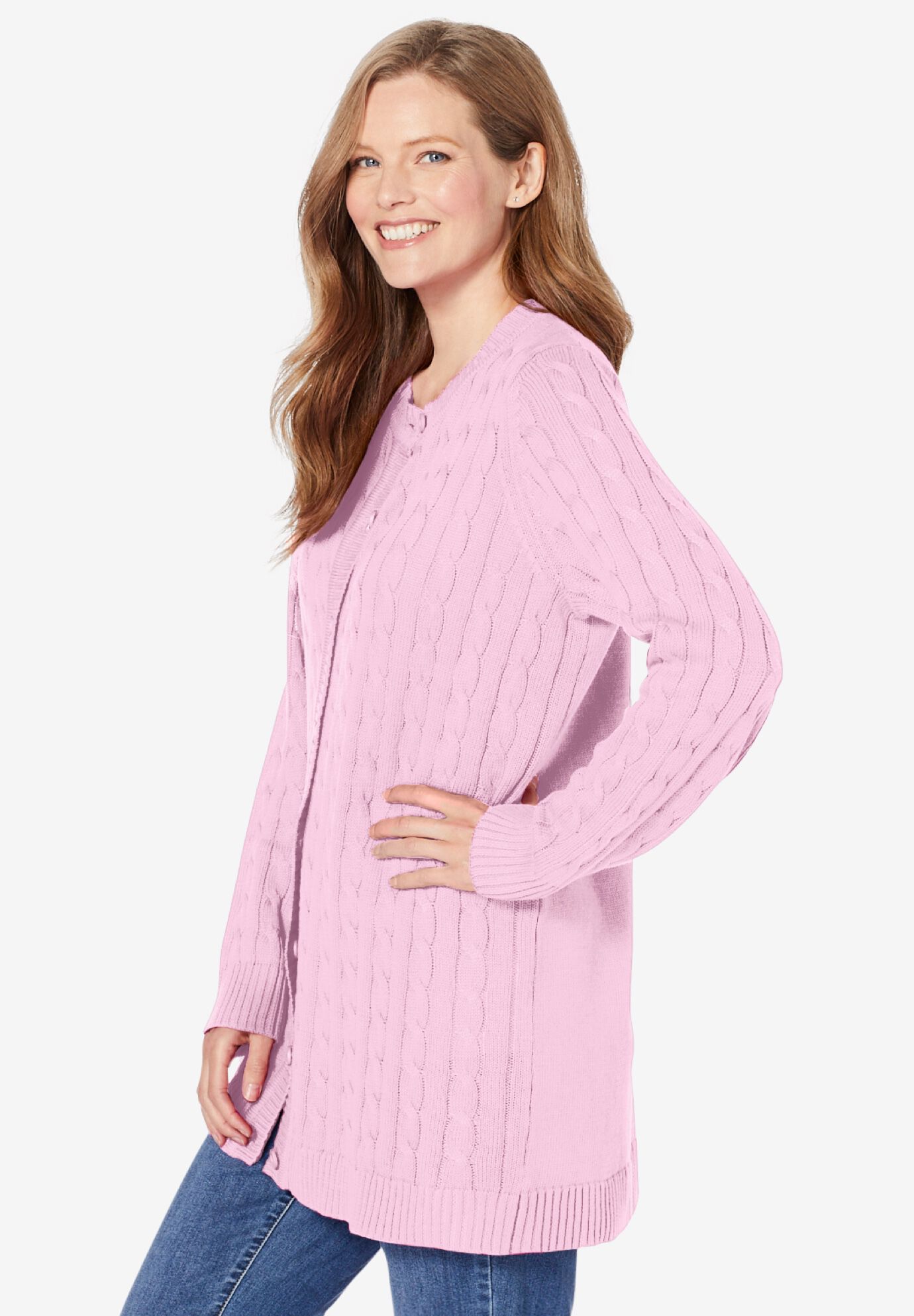 Cotton Cable Knit Cardigan Sweater, PINK, alternate image number 2