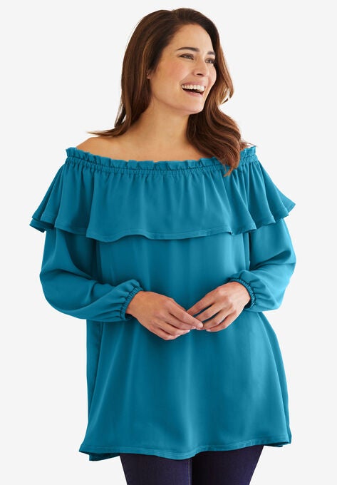 Ruffled Off-the-Shoulder Tunic, DEEP TEAL, hi-res image number null