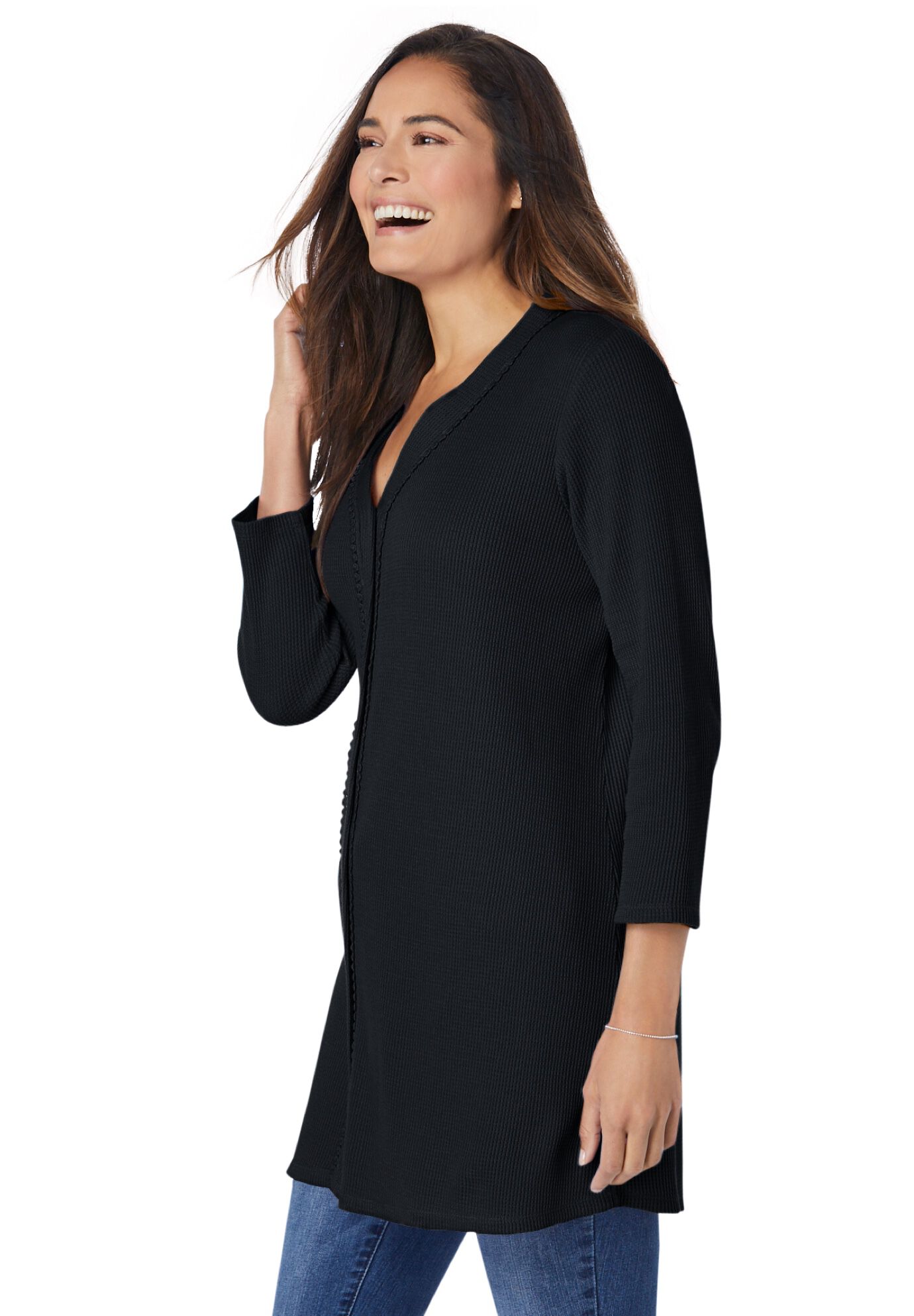 Thermal Button-Front Tunic, BLACK, alternate image number 2