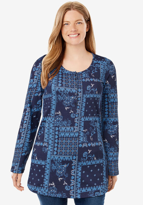 Perfect Printed Long-Sleeve Henley Tee, NAVY PATCHWORK BANDANA, hi-res image number null