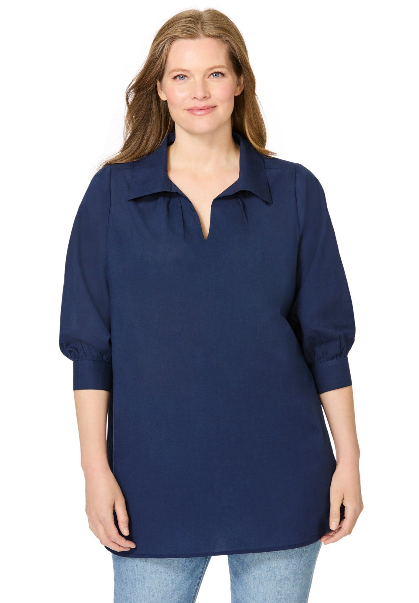 Three-Quarter Sleeve Popover Blouse, NAVY, hi-res image number 0