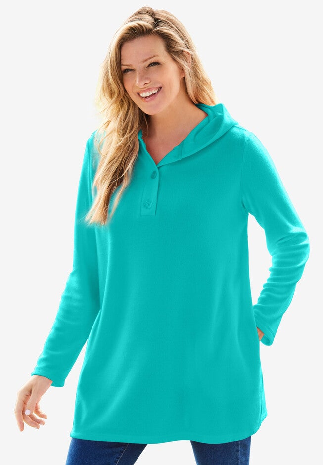 Button-Front Henley Tunic with Hood, AQUAMARINE, hi-res image number null