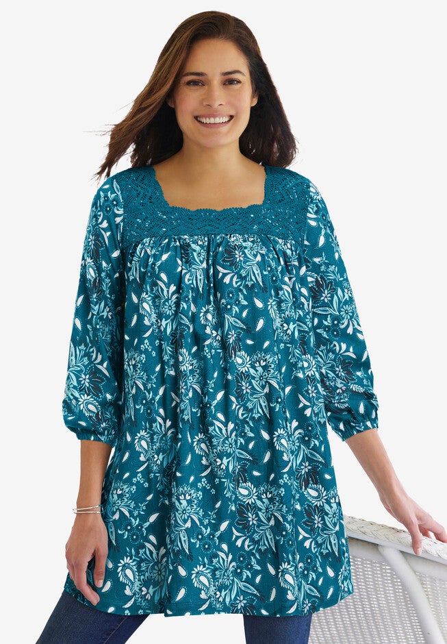 Lace Trim Three-Quarter Sleeve Tunic., DEEP TEAL PETAL PAISLEY, hi-res image number null