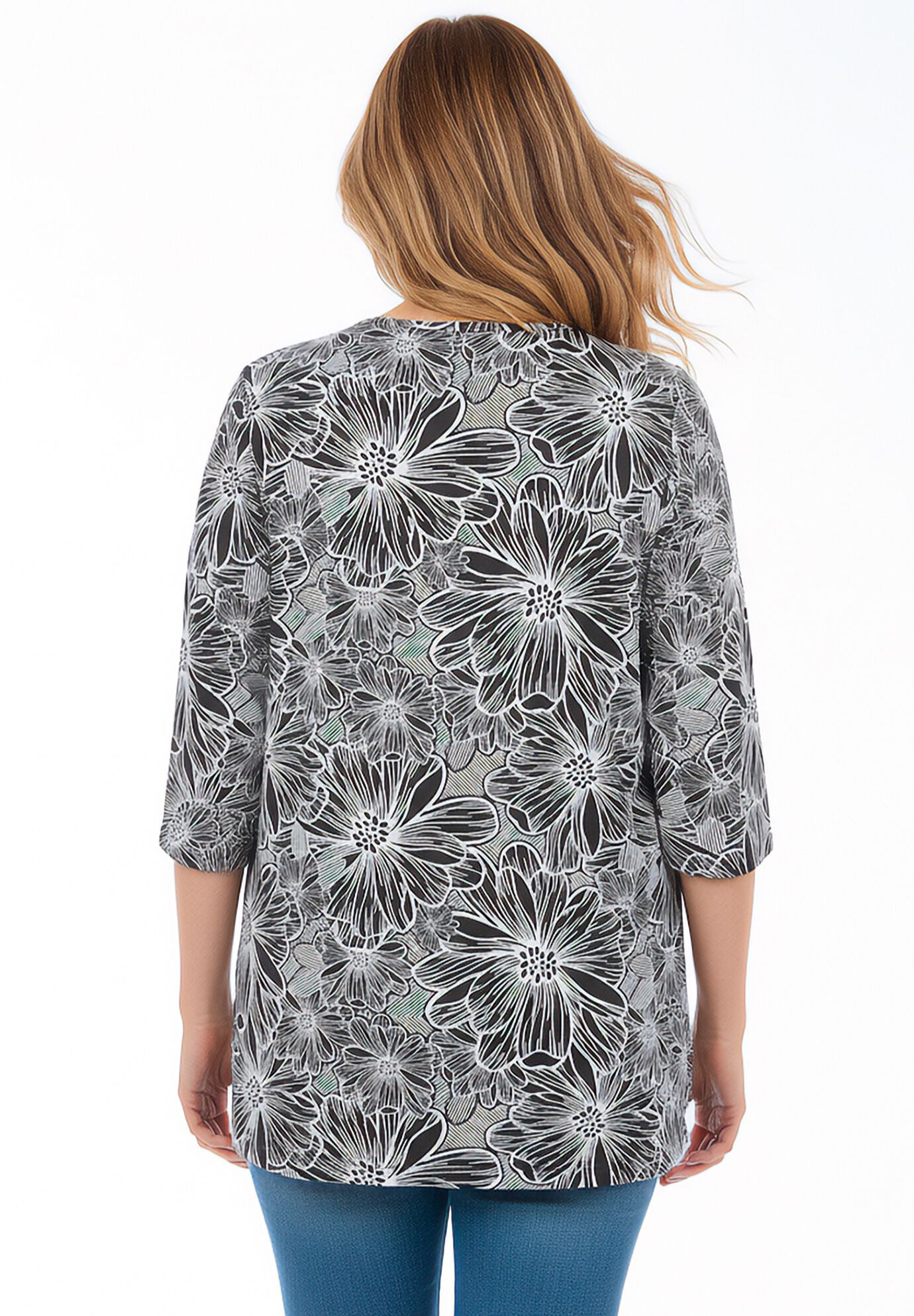 Perfect Printed Three-Quarter-Sleeve V-Neck Tunic, BLACK SKETCH FLORAL, on-hover image number 1