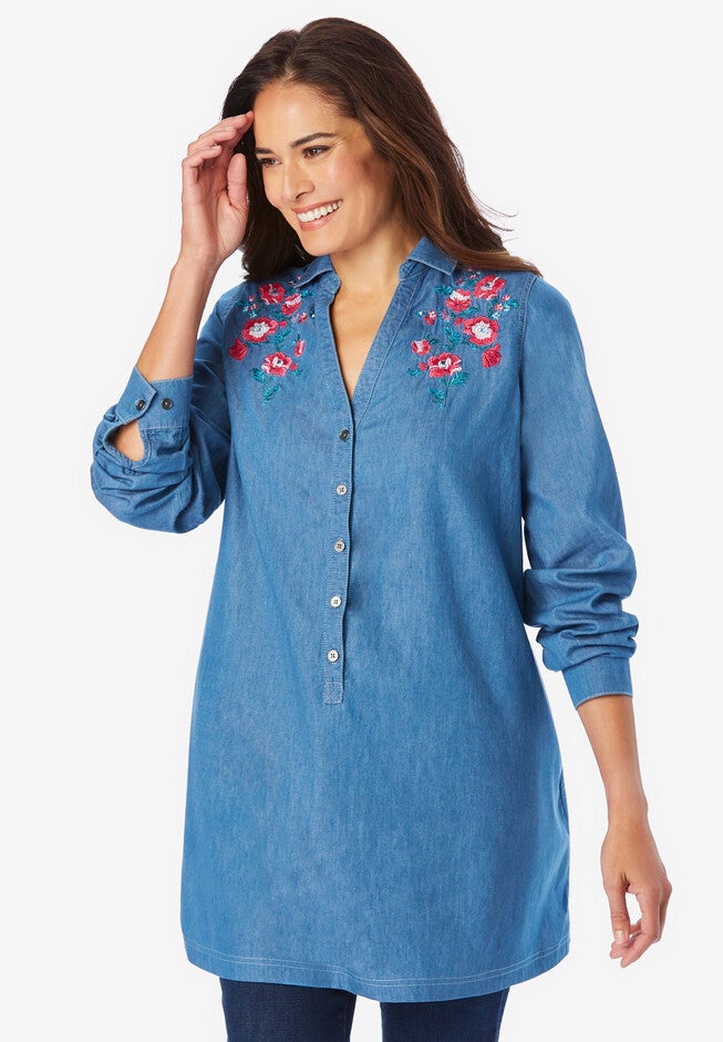 Embroidered A-Line Denim Tunic, LIGHT STONEWASH FLORAL EMBROIDERY, hi-res image number null